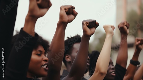 Empowering image of the Black Lives Matter movement: individuals of African American descent raising their fists in solidarity, advocating for justice, equality, and recognition of their rights. photo