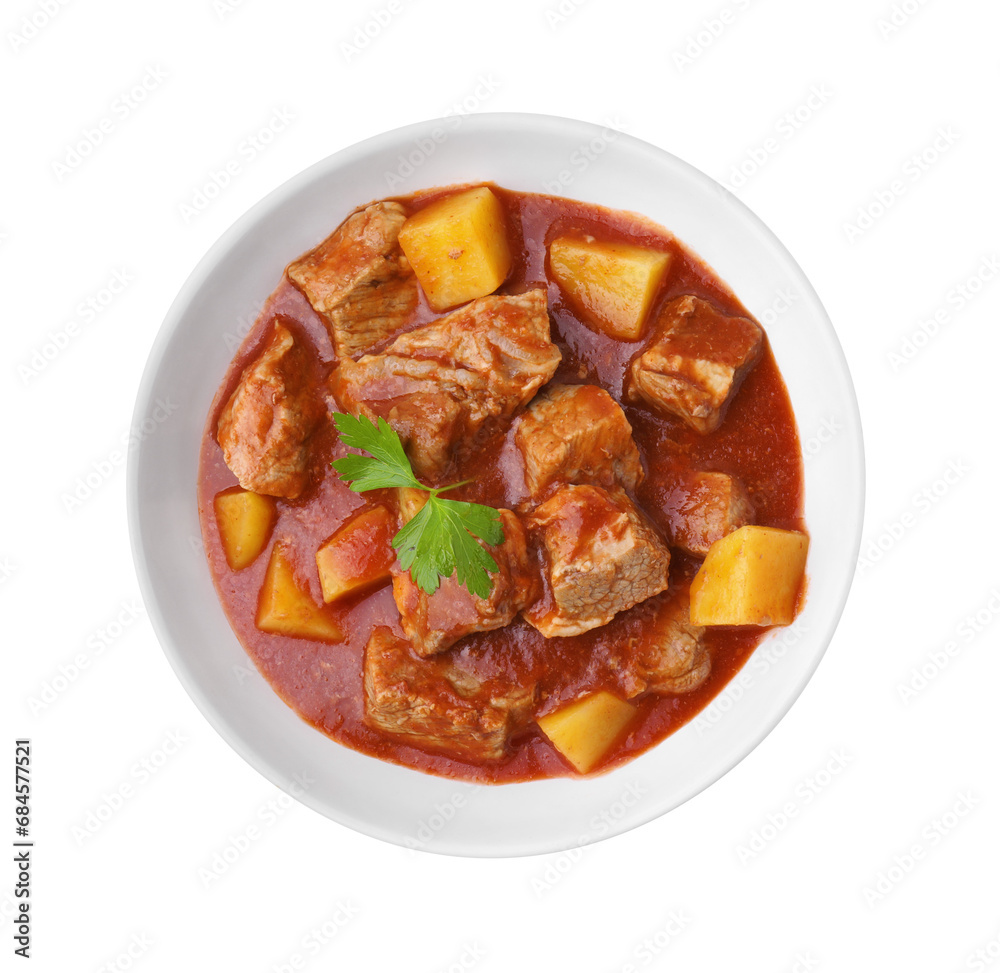 Delicious goulash in bowl isolated on white, top view Delicious goulash in bowl isolated on white, top view