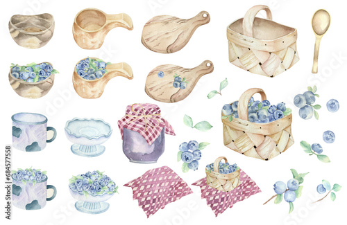 Set of watercolor blueberries.Collecting blueberries. Blueberries in wooden and glass dishes. Blueberries in a basket.