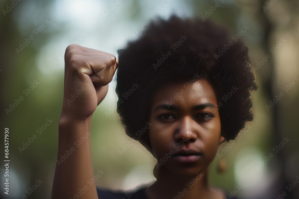 Empowering image of the Black Lives Matter movement and feminism: African American woman descent raising their fists in solidarity, advocating for justice, equality, and recognition of their rights. Empowering image of the Black Lives Matter movement and feminism: African American woman descent raising their fists in solidarity, advocating for justice, equality, and recognition of their rights.
