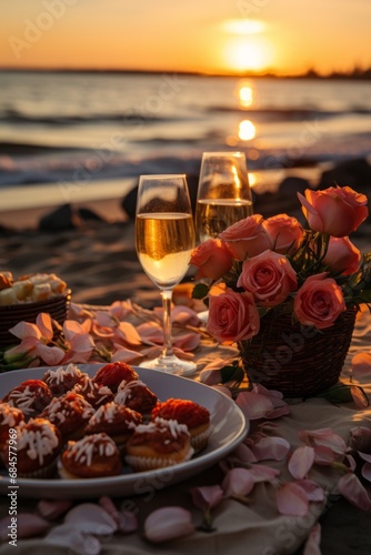 Sunset beach picnic for Valentine's Day, ocean view, blanket with rose petals, basket of gourmet treats, champagne, soft golden hour light