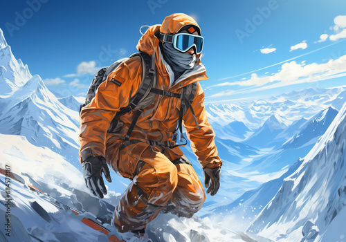 Woman snowboarding on snowy mountain with blue sky. Winter sports time. AI generated