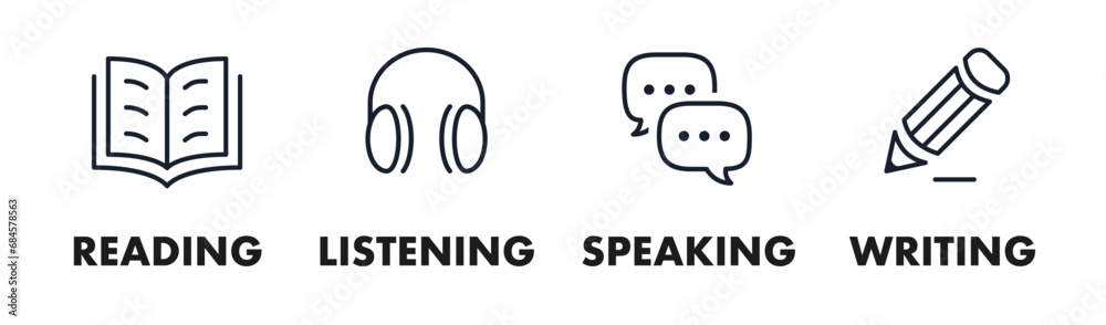 Language skills icon set black line style isolated on white background for education test, online education, vector illustration 10 eps Language skills icon set black line style isolated on white background for education test, online education, vector illustration 10 eps