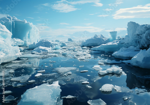Ice blocks, icebergs, on the surface of the ocean or lake, in polar regions. AI generated