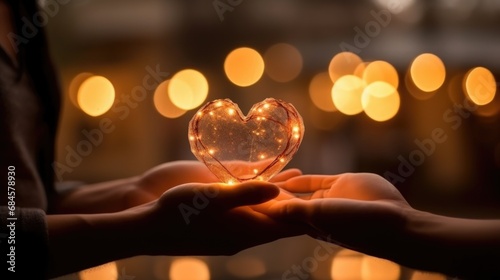 Hands Holding Glowing Heart Amidst Warm Bokeh Lights