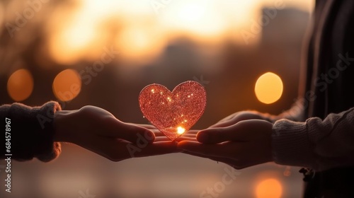 Hands Holding Glowing Heart Amidst Warm Bokeh Lights photo