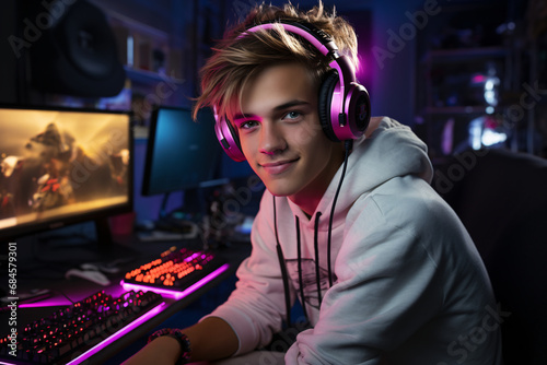 Young smiling blond man sitting in front of his desktop computer photo