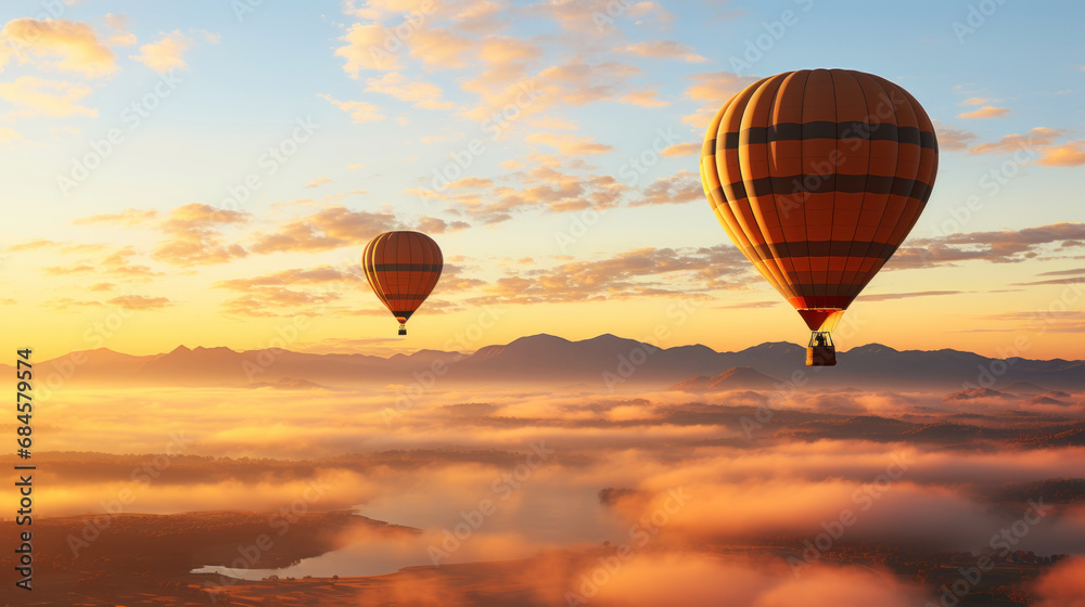 Obraz premium Colourful hot air balloons flying over the mountain in the haze at dawn. Travel concept. Generative AI
