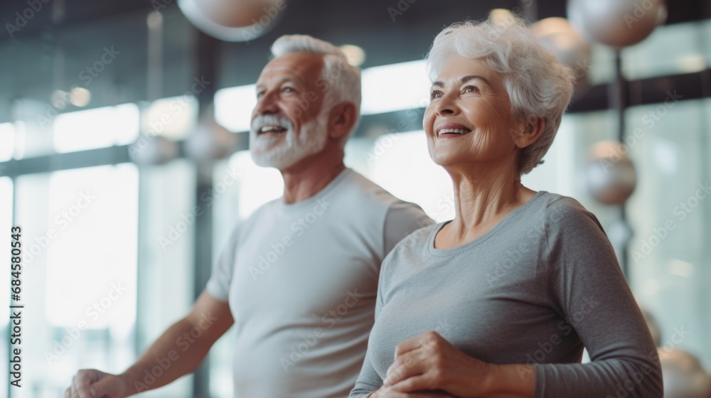 Senior Couple Actively Engaged in Fitness Exercises Together. Senior Couple Actively Engaged in Fitness Exercises Together.