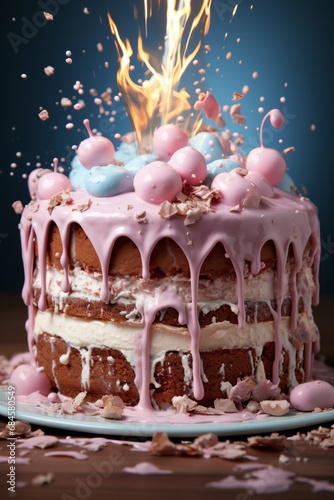 Gender reveal cake, capturing the moment of cutting to reveal the pink or blue interior, Generative AI