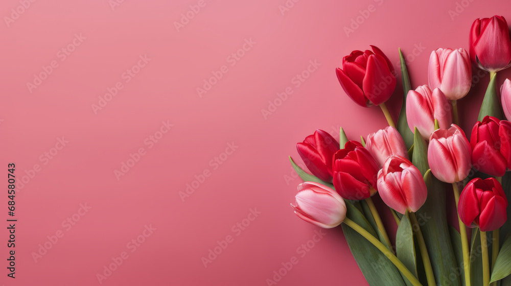 top view of tulip bouquet on pink background, romantic anniversary, woman's day, or Valentine's,  Day background, right side composition