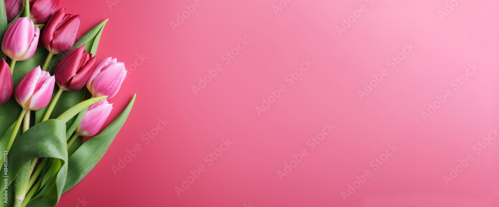top view of tulip bouquet on pink background, romantic anniversary, woman's day, or Valentine's,  Day background, copy space banner, left side composition