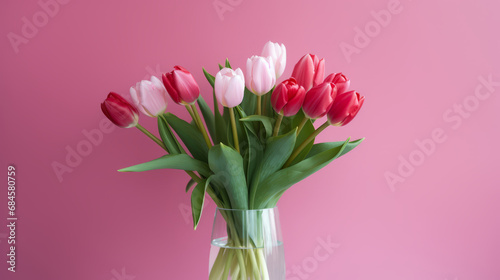 close up of tulip bouquet on pink background, romantic anniversary, woman's day, or Valentine's,  Day background © Anastasia Shkut