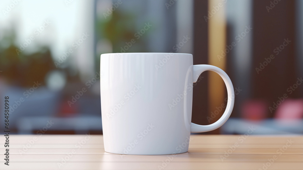White Mug Mockup Against the Background of Blurred Lights. Empty mug mock up for brand promotion. White Mug Mockup Against the Background of Blurred Lights. Empty mug mock up for brand promotion.