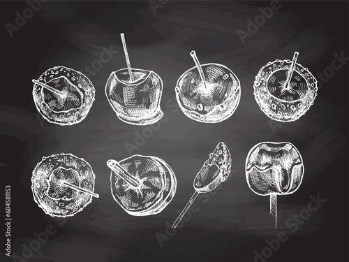 Hand-drawn sketch set of Candy Taffy and caramel apples with nut sprinkles on chalkboard background. Vector. Traditional Christmas, Halloween dessert. Illustration for packaging, label.