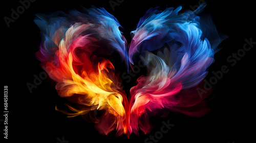 Heart with Wings Abstract Smoke Background. Freeze motion dust cloud. Particles explosion screen saver, wallpaper with color dust. Love romantic concept for Valentines day. © Voysla