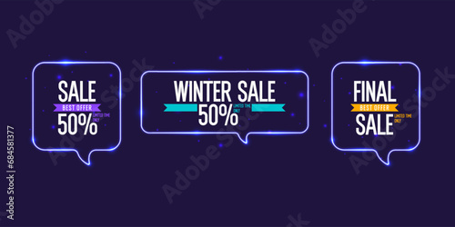 Neon speech bubble and blank template for quotes. Sale banner. Original poster for discount.