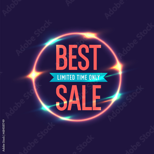 Best sale banner. Original poster for discount. Geometric shapes and neon glow against a dark background.