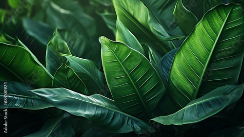 Background: lush green banana leaves in a tropical jungle. lush tropical forest, against the abstract pattern of light and shadow, natural background, seamless banner offers copy space