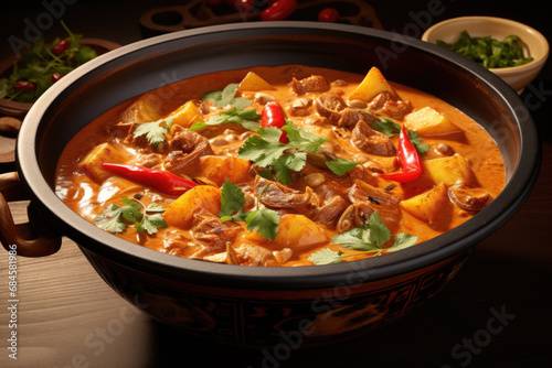 Massaman curry in ceramic blwol, fusion of Thai- and Indian-style curries