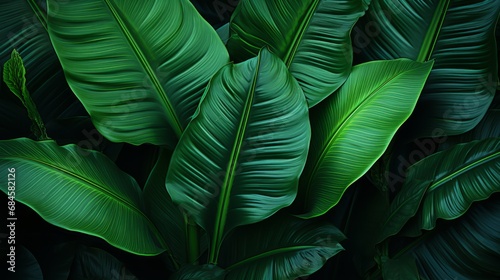 Background: lush green banana leaves in a tropical jungle. lush tropical forest, against the abstract pattern of light and shadow, natural background, seamless banner offers copy space