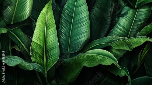 Background  lush green banana leaves in a tropical jungle. lush tropical forest  against the abstract pattern of light and shadow  natural background  seamless banner offers copy space