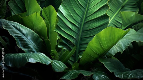 Background  lush green banana leaves in a tropical jungle. lush tropical forest  against the abstract pattern of light and shadow  natural background  seamless banner offers copy space