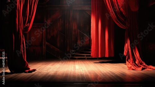 Velvet Red Theater Curtains Ready for Performance Start. photo