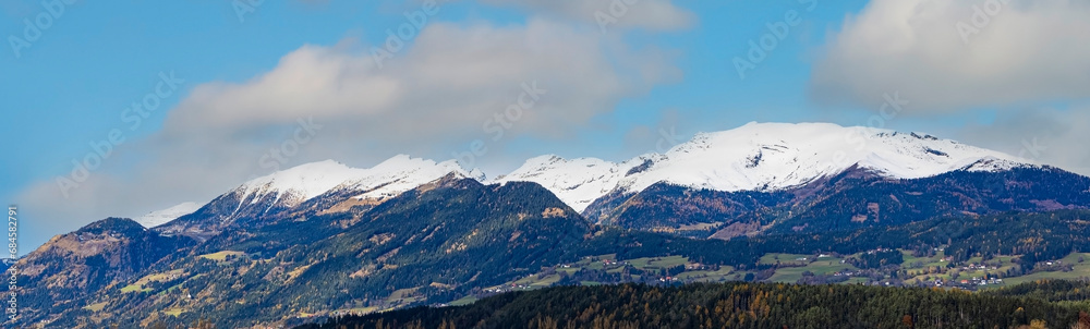 Banner travel with  mountain view of alpine as snow-capped mount peaks in Winter mountains scene