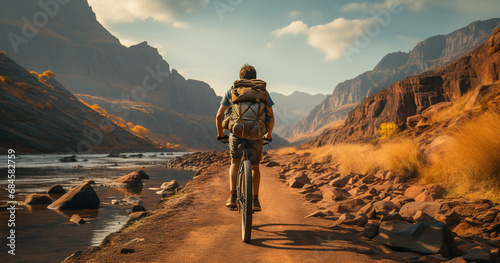Traveler on Electric Bicycle Embarking on an adventurous ride through the breathtaking scenic beauty of the mountains. Sustainable Travel Concept. Generative Ai.