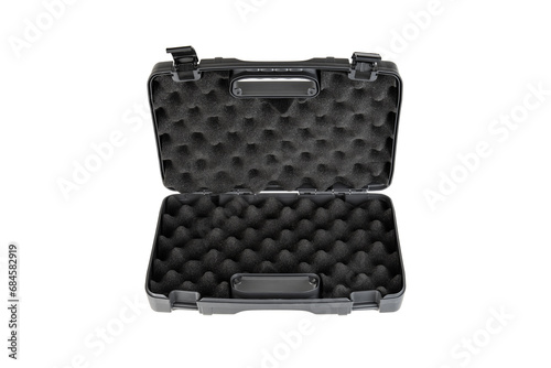 Gray plastic container with foam inside for safe storage and transportation of fragile and expensive items. Sturdy plastic case. Isolate on a white back