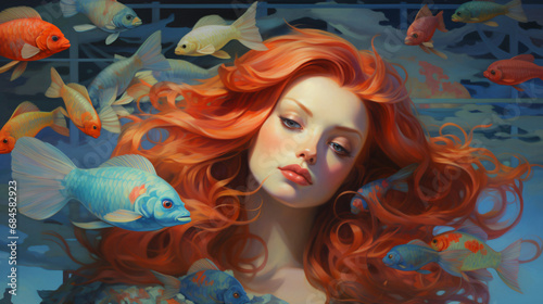 A mermaid with red hair and a blue bird in the background