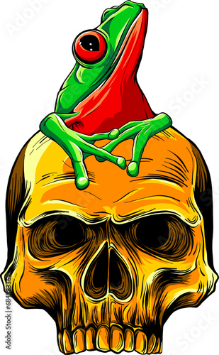 vector illustration skull with frog on white background. digital hand draw