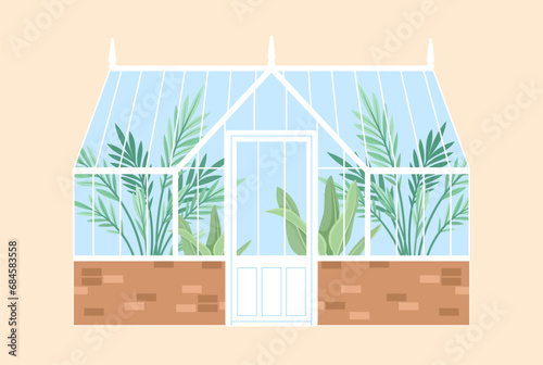 Greenhouse with plants concept. Protection of tropical leaves from cold weather. Bushes and flowers. Botany and floristry. Cartoon flat vector illustration isolated on beige background