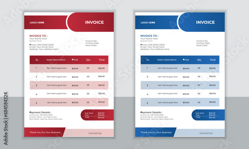 Business invoice form template. Invoicing quotes, money bills or price invoices and payment agreement design templates. 
invoice template design with color and concept variation bundle