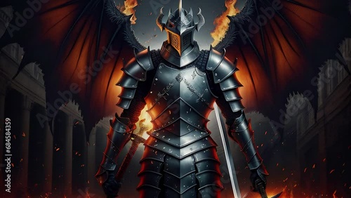 A demon with wings and iron armor, mystical and magical animation. A demonic knight with swords, transformations and metamorphose. AI generated video