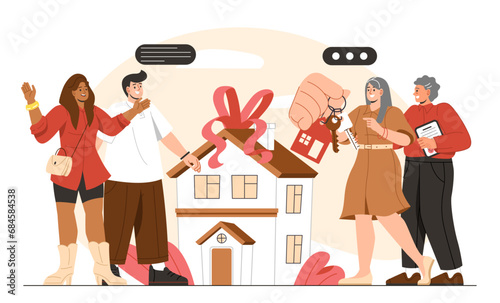 People with legacy concept. Men and women near real estate and private property. Parents give kids house. New apartment for young family. Cartoon flat vector illustration isolated on white background