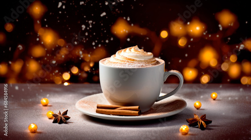 A white coffee with whipped cream in ceramic cup sitting on a black table and bokeh backdrop. Autumn and Winter mood.