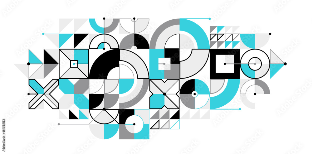 Fototapeta premium Abstract vector Bauhaus geometric background, tech engineering look like shapes and lines composition, mechanical engine industry style, network and digital data.
