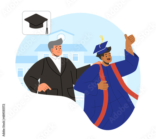 Parents and graduated student concept. Happy boy with graduation hat near father. Successful pupil. Graphic element for website. Cartoon flat vector illustration isolated on white background