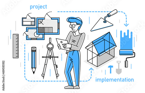 Construction engineer working on a project, building architecture designer vector outline trendy illustration, professional in a work line drawing. Occupation builder architect.