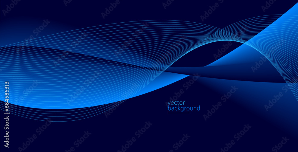 Smooth flow of wavy shape with gradient vector abstract background, dark blue design curve line energy motion, relaxing music sound or technology.