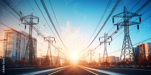 A road and row of electricity tower connected to each other with long wires and background with sunshine, urban cityscape, generative AI