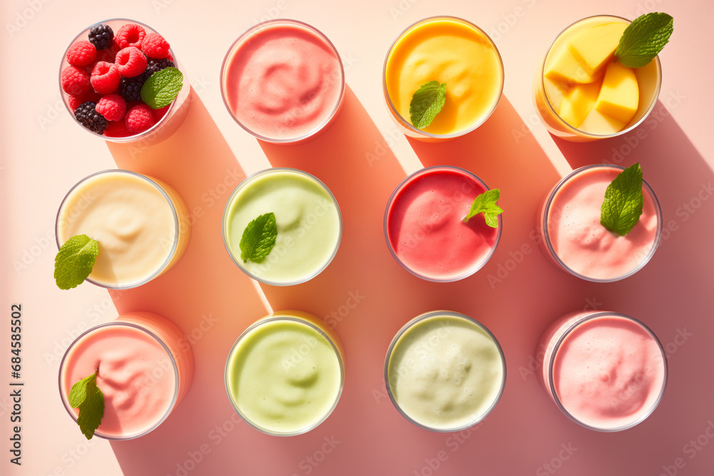 A lot of different colored smoothies in tall glasses with leaves on them, top view of puree texture A lot of different colored smoothies in tall glasses with leaves on them, top view of puree texture