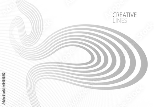 Lines in perspective vector abstract background in light grey and white monochrome, 3D dimensional stripes with smooth gradient and wavy motion.