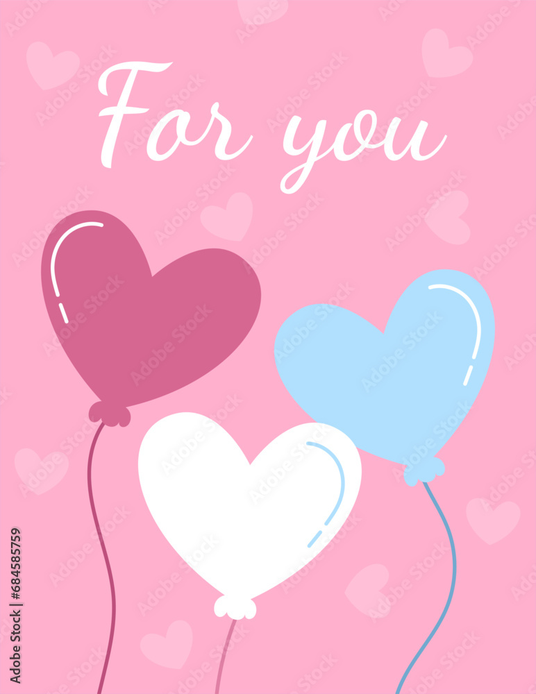Valentines day card concept. Pink, blue and white air balloons. International holiday and festival 14 February. Love, care and romance. Social media post. Cartoon flat vector illustration