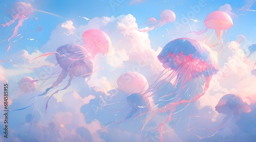 Bright colourful sky wallpaper. Tropical coastal art jellyfish magically floating in the blue sky and cloud. Anime Style.