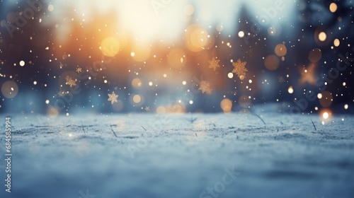 Snowfall texture on blurry background. Silver and gold abstract blurred bokeh lights. Christmas and New Year holiday backdrop with copy space © Pink Zebra