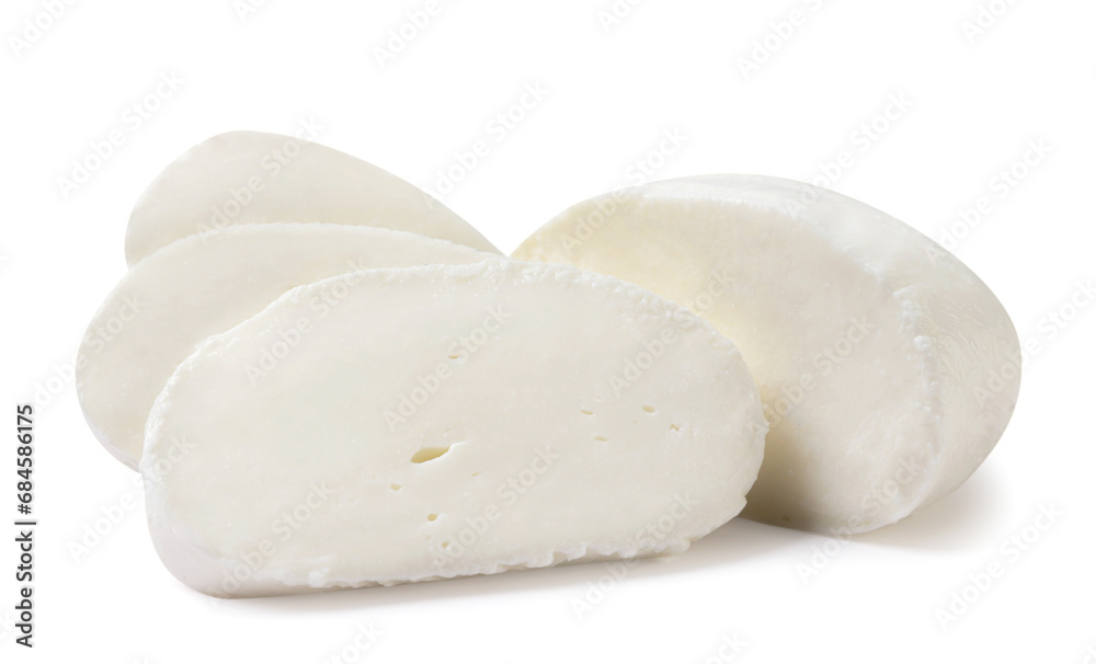 Mozzarella cheese cut into pieces on a white background. Isolated