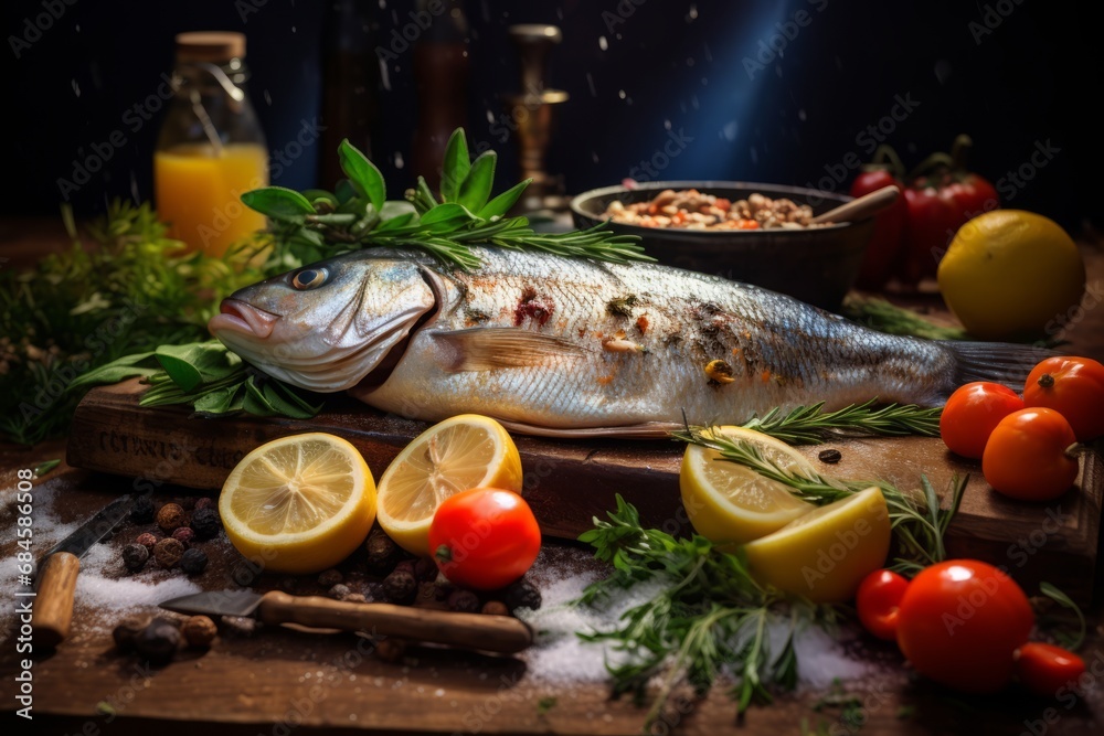 A Freshly Caught Fish, Glistening with Dew, Laid on a Rustic Wooden Table, Surrounded by Aromatic Herbs, Lemon Slices, and a Vintage Fishing Net